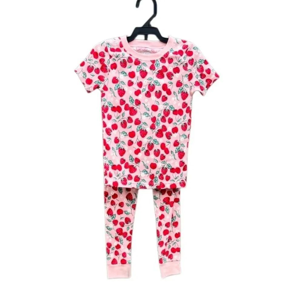 Toddler Cotton Sleep Tee & Pants Pajama Strawberry Print 2-Piece Set Size 4T